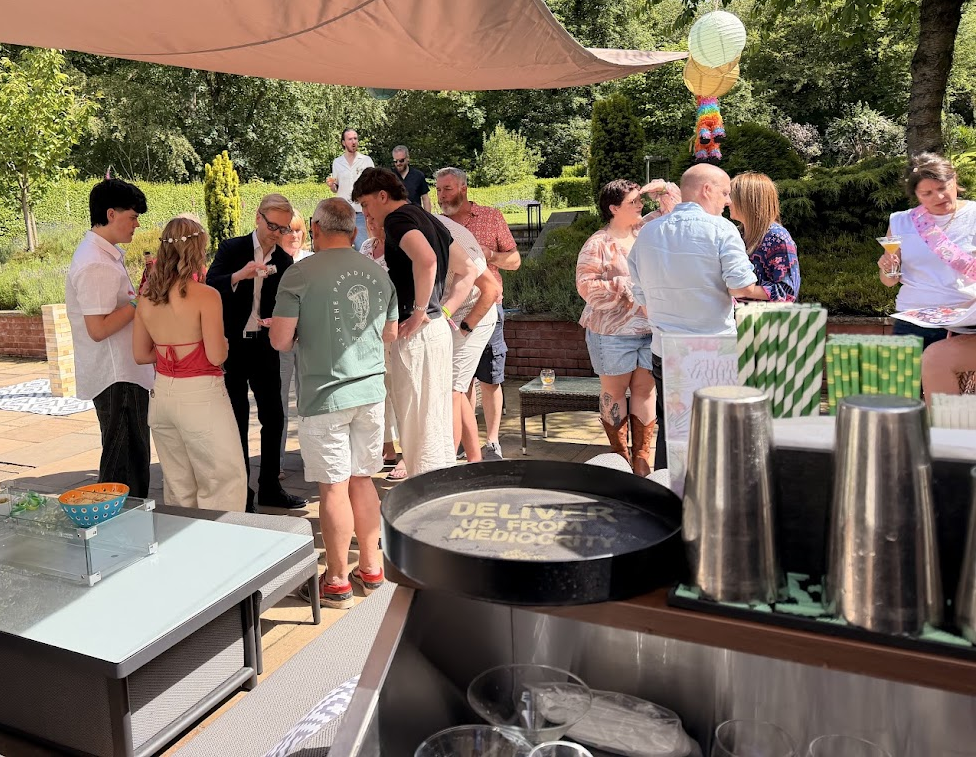 A photo of a party size of 30 guests enjoing the evening with cocktail bar that was hired in sheffiled