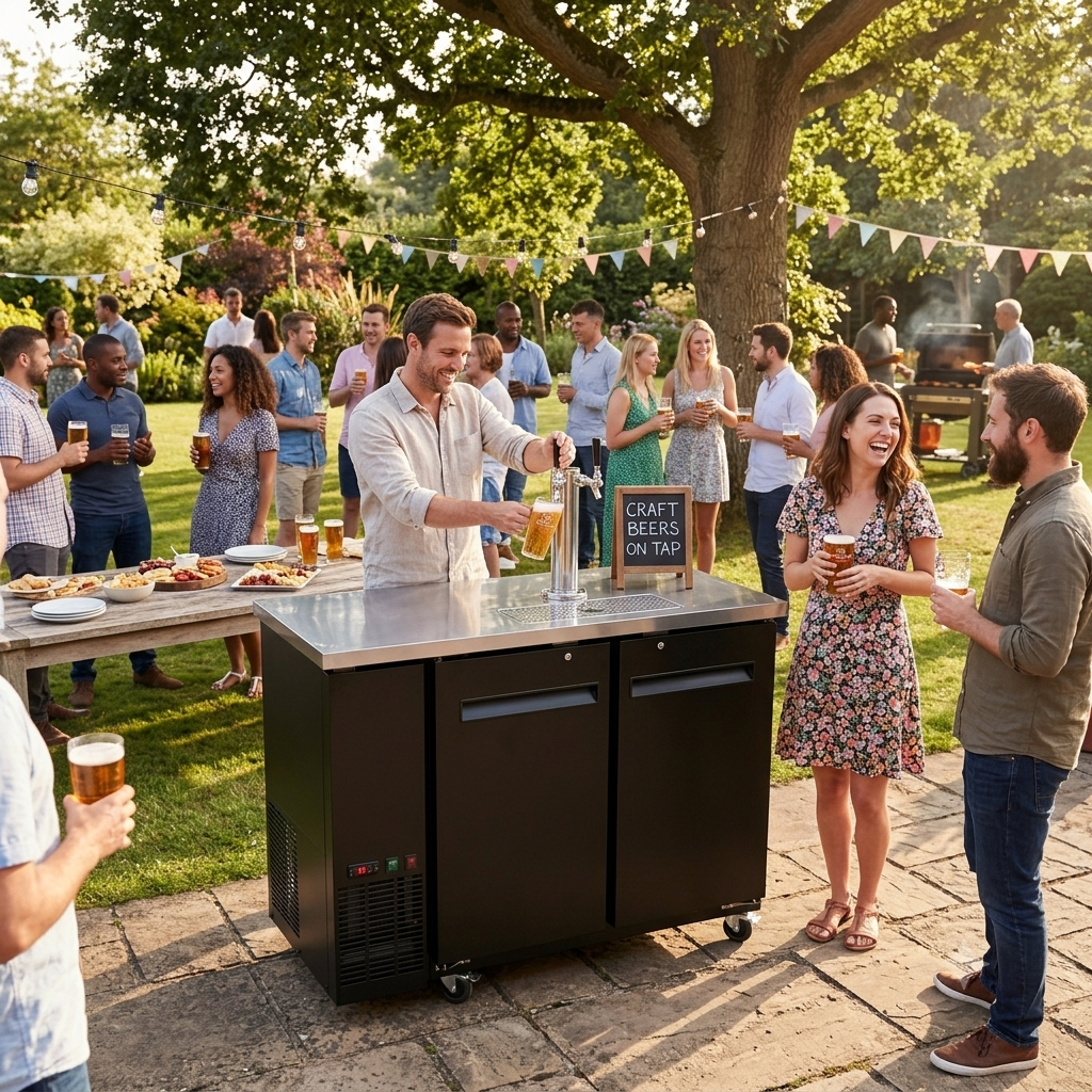 An AI generated image showing the Kegerator in situ at a party in sheffield 